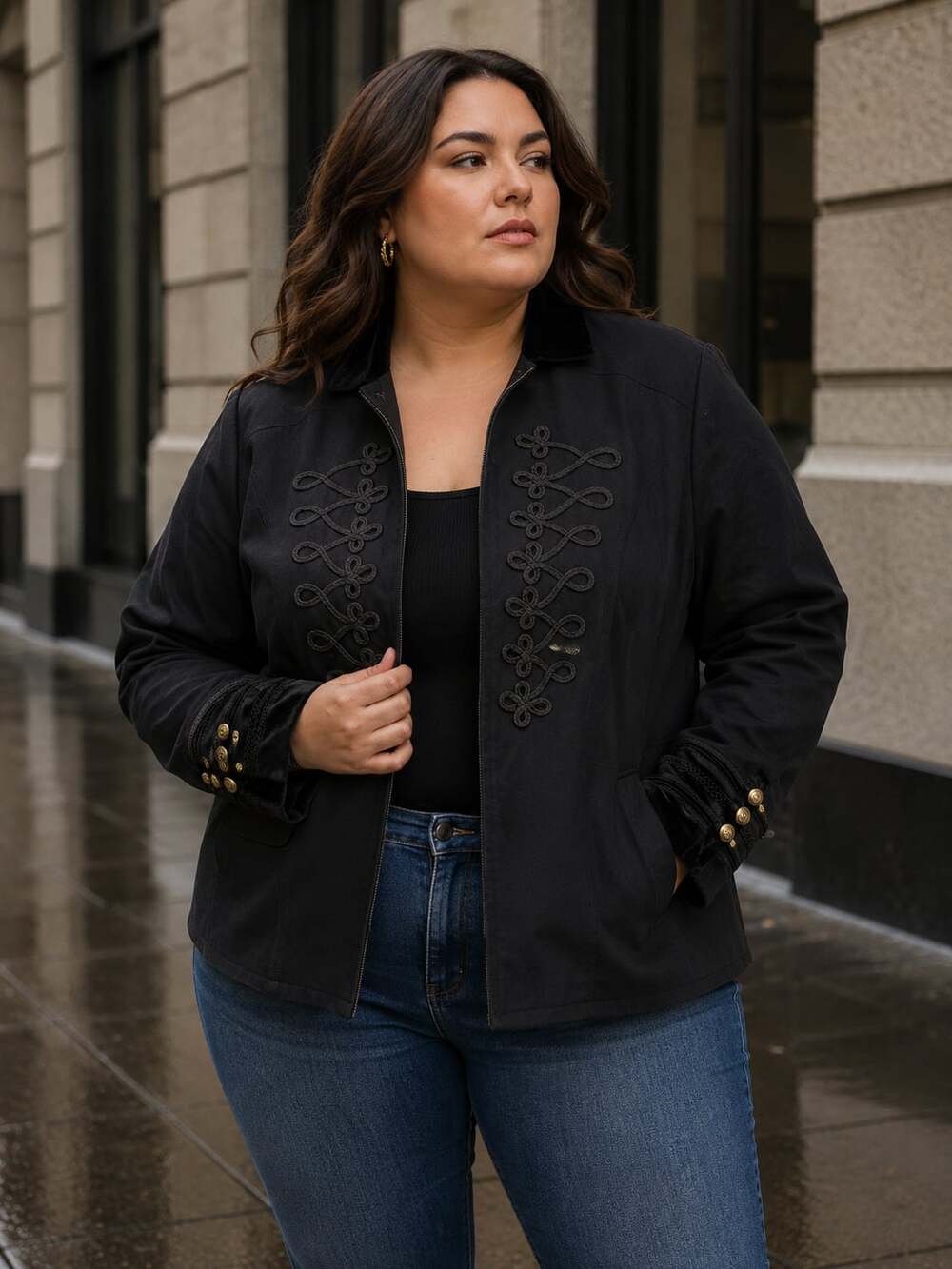 torrid Black Military-Style Embroidered Blazer with Gold Buttons